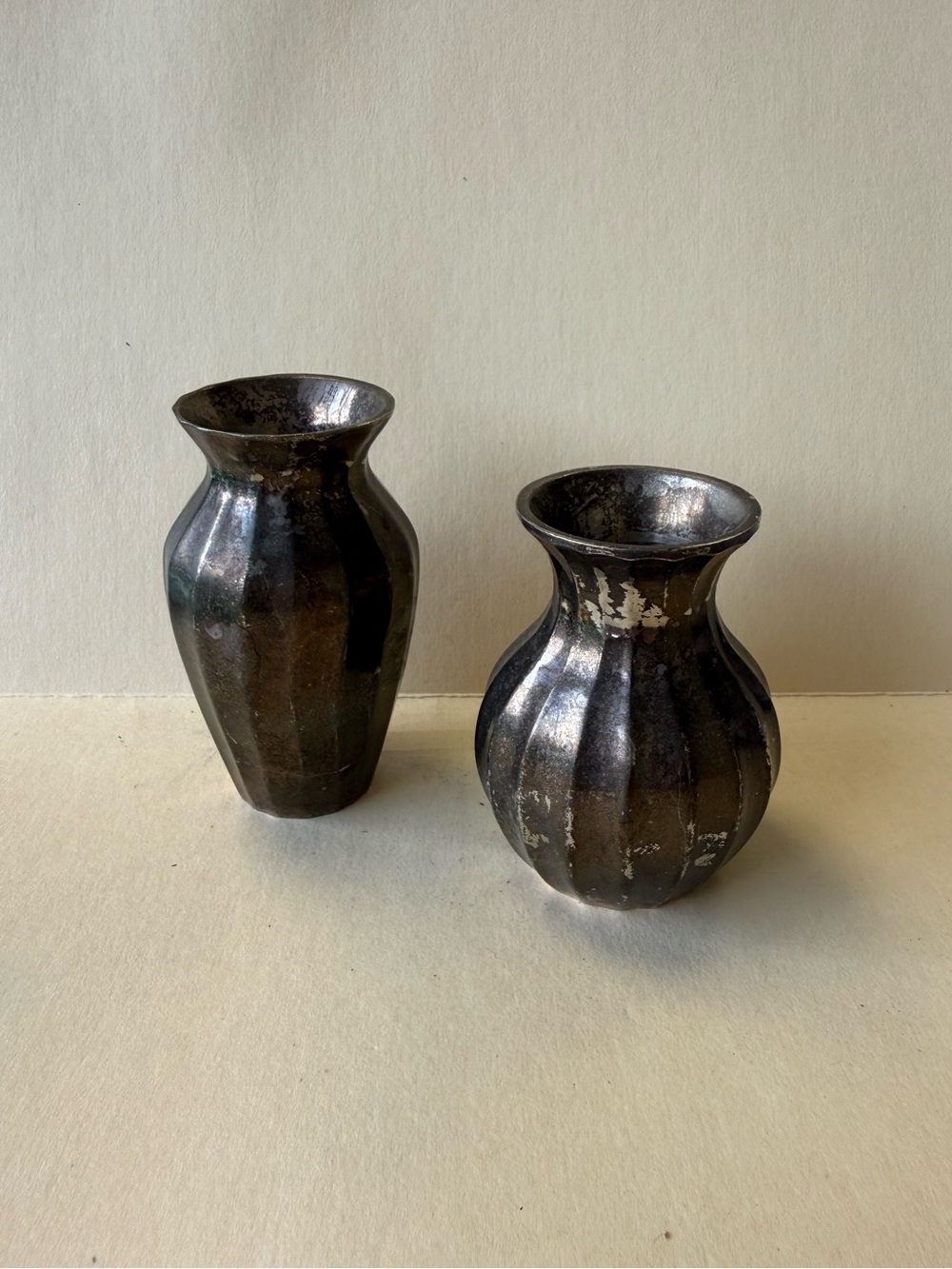 Pair of Vintage Mini Silver Coated Metal Decor Vases from India.